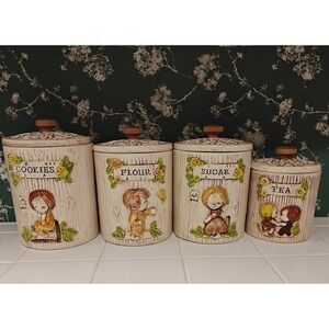 VTG Treasure Craft Canister Set of 4 Child‎ Motif /MCM/BoHo/ Kitsch